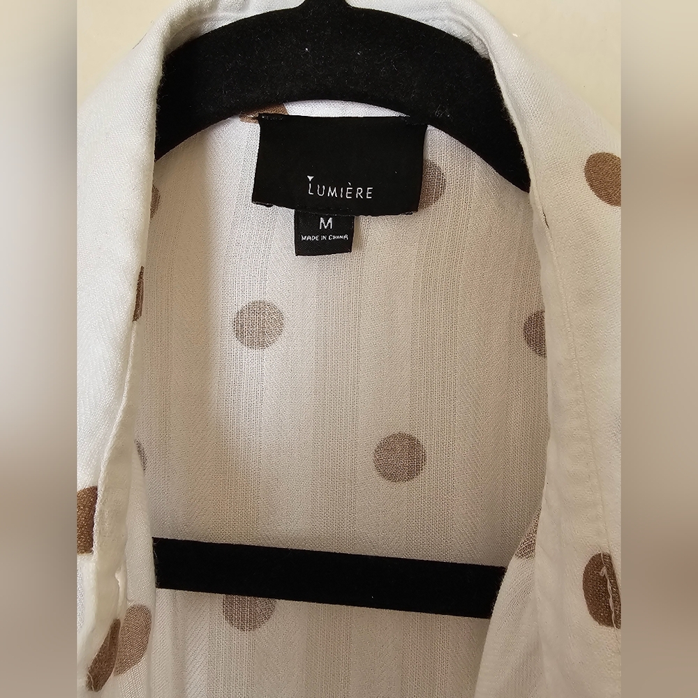Lumière Blouse Medium White Bronze Polka Dot Button Down - Picture 2 of 9